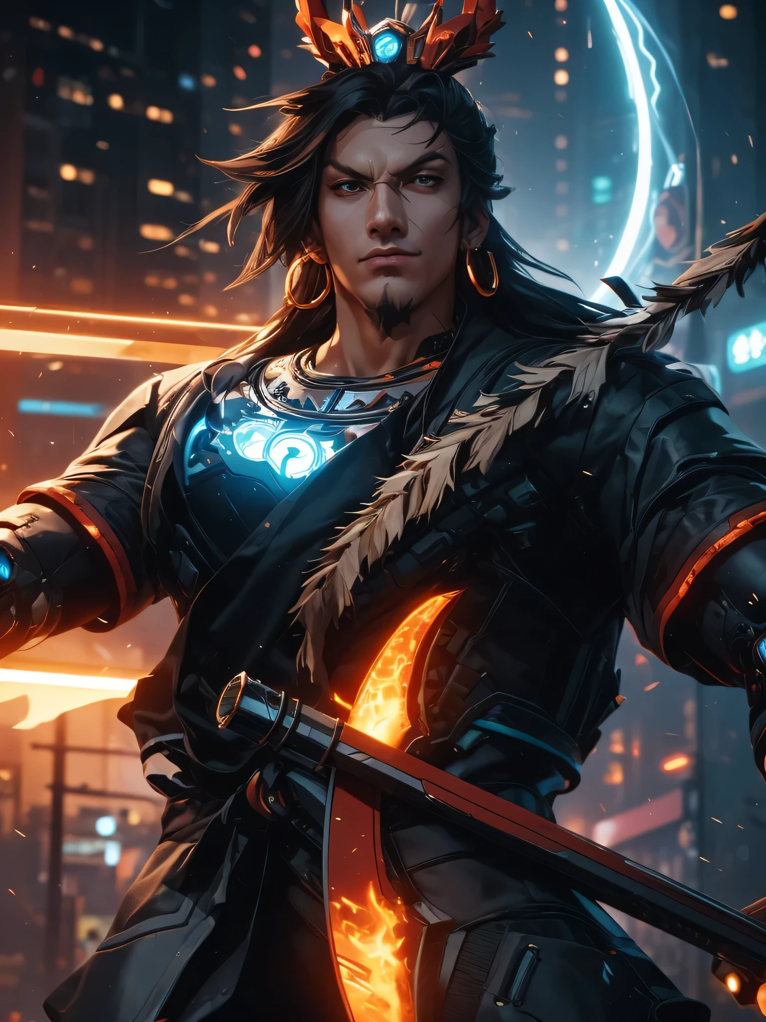 (1 person close-up:1.3),top quality, Luminous earrings, golden clock ornaments, Peking opera colorful headdress, super detailed, Mecha, possessing weapons, cyberpunk, Mecha, (Machine joint, machine limbs:1.1),  with red spear, (Black fluffy hair), ((cyberpunk 2077 城市景观)), (cyberpunk美学与氛围:1.3) , ((Red future technology armor)), Joy and pride,There is a stick-like weapon behind him