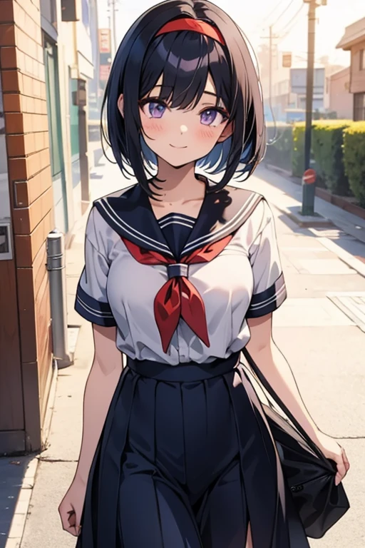 Anime girl with black hair and a sailor suit, navy blue sailor uniform, high school girl, anime style, 2D rendering of anime girl, realistic young anime girl, Smooth anime CG art, headband, smile, purple eyes, small breasts, tall, Straight hair, short bob cut,long skirt, slanted eyes, 