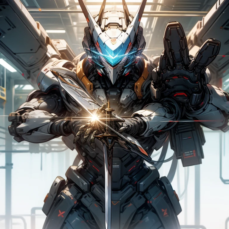 industrial zone of the future,huge robot,Human face,male,decide on a pose,Sword of Light,prepare a sword