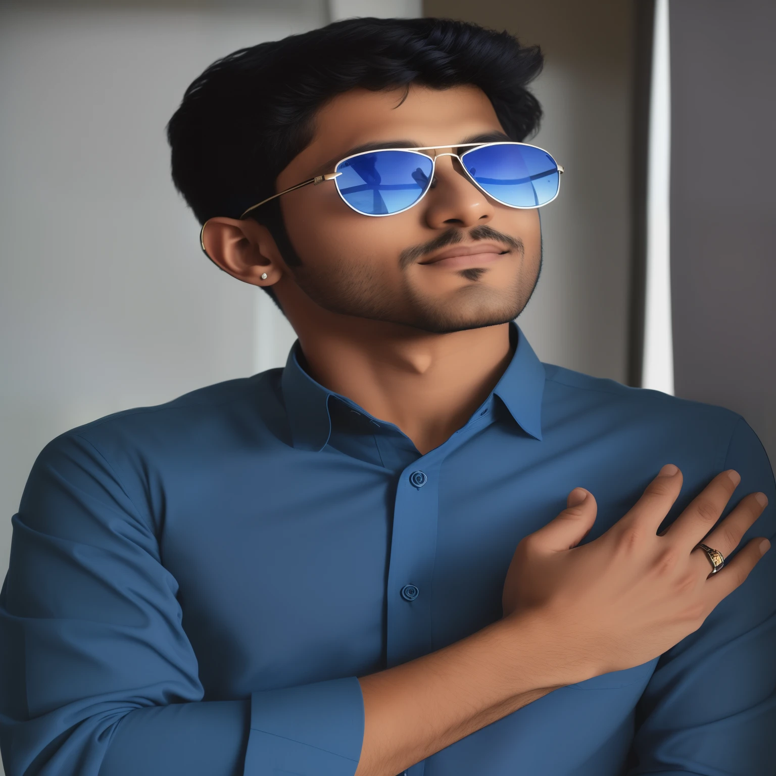 arafed man wearing sunglasses and a blue shirt standing in front of a window, wearing blue sunglasses, with sunglass, shot on sony a 7, with a cool pose, wearing cool sunglasses, jayison devadas style, mid shot portrait, wearing a light blue shirt, inspired by Bikash Bhattacharjee