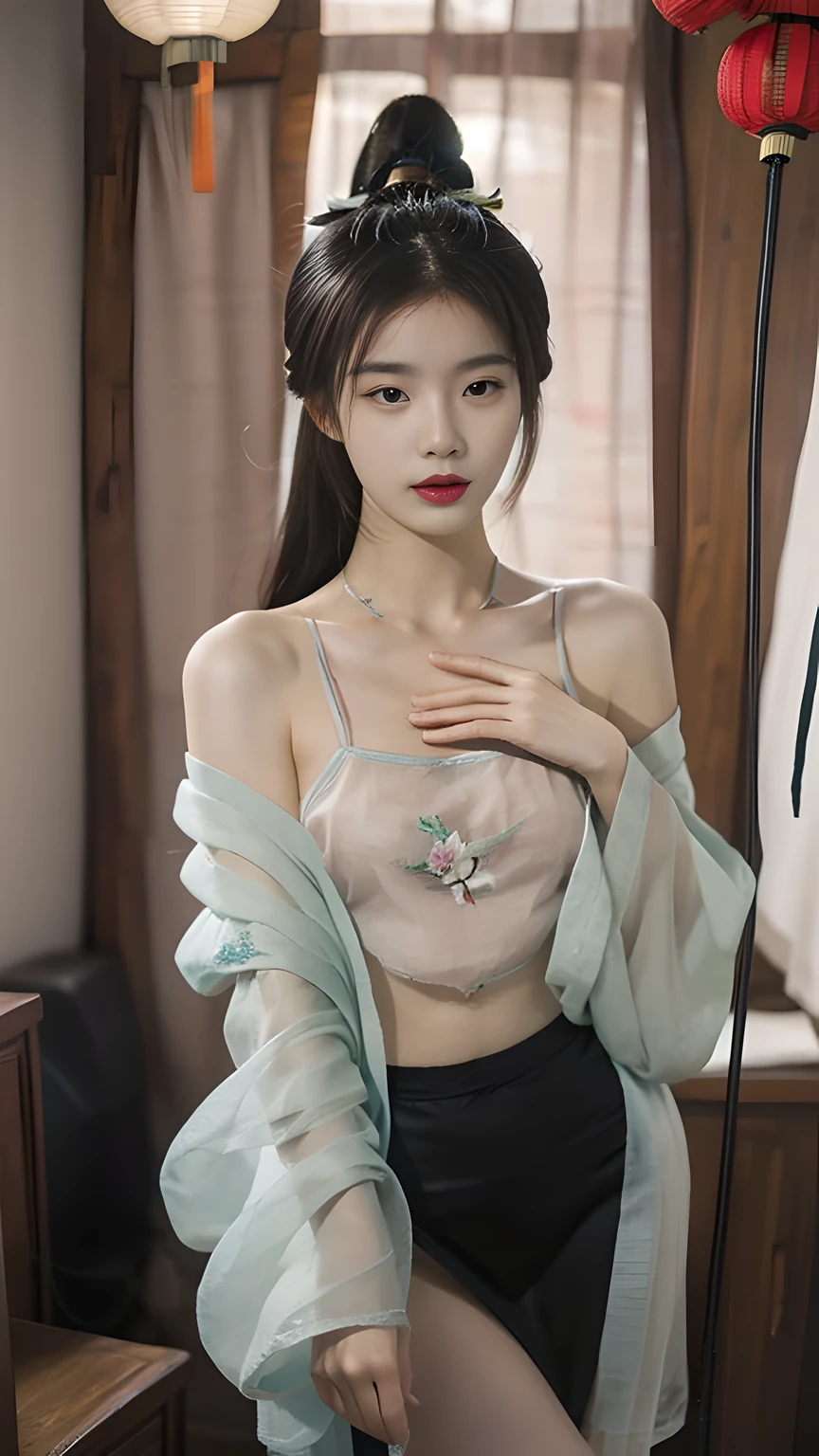 best quality, masterpiece, 1 girl, perfect beautiful face, (photo photo:1.3), edge lighting, photography lighting, (high detail skin:1.2), 8k ultra hd, DSLR, high quality, high resolution, white skin, detailed textured skin, half body in frame, ???? posing, poker face, perfect propotion face, symetric face, eye level shot, 4k, 8k, bokeh, absurd, best ratio four fingers and one thumb, (realistic:1.3), beautiful detailed girl, cute 1girl, dark brown hair, long hair, ponytail, bangs, volume hairs, collosal-??????, full looking ??????, projecting ??????, slim waist, slender, small thighs, perfectly proportion, dudou,chinese ?????????, , half updo, collarbone, midriff, hanfu, shirt, see-through, chinese clothes, skirt, long sleeves,wide sleeves, dress,camisole, jewelry,hair ornament, off shoulder, ???? shoulders, arm up, chinese background, detailed background