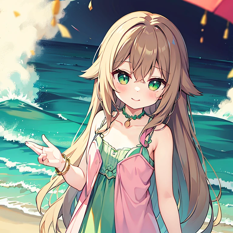 wavy long hair, brown hair, 1 girl, emerald eyes, Wave your hand with two fingers, pink lips, Pastel green dress,