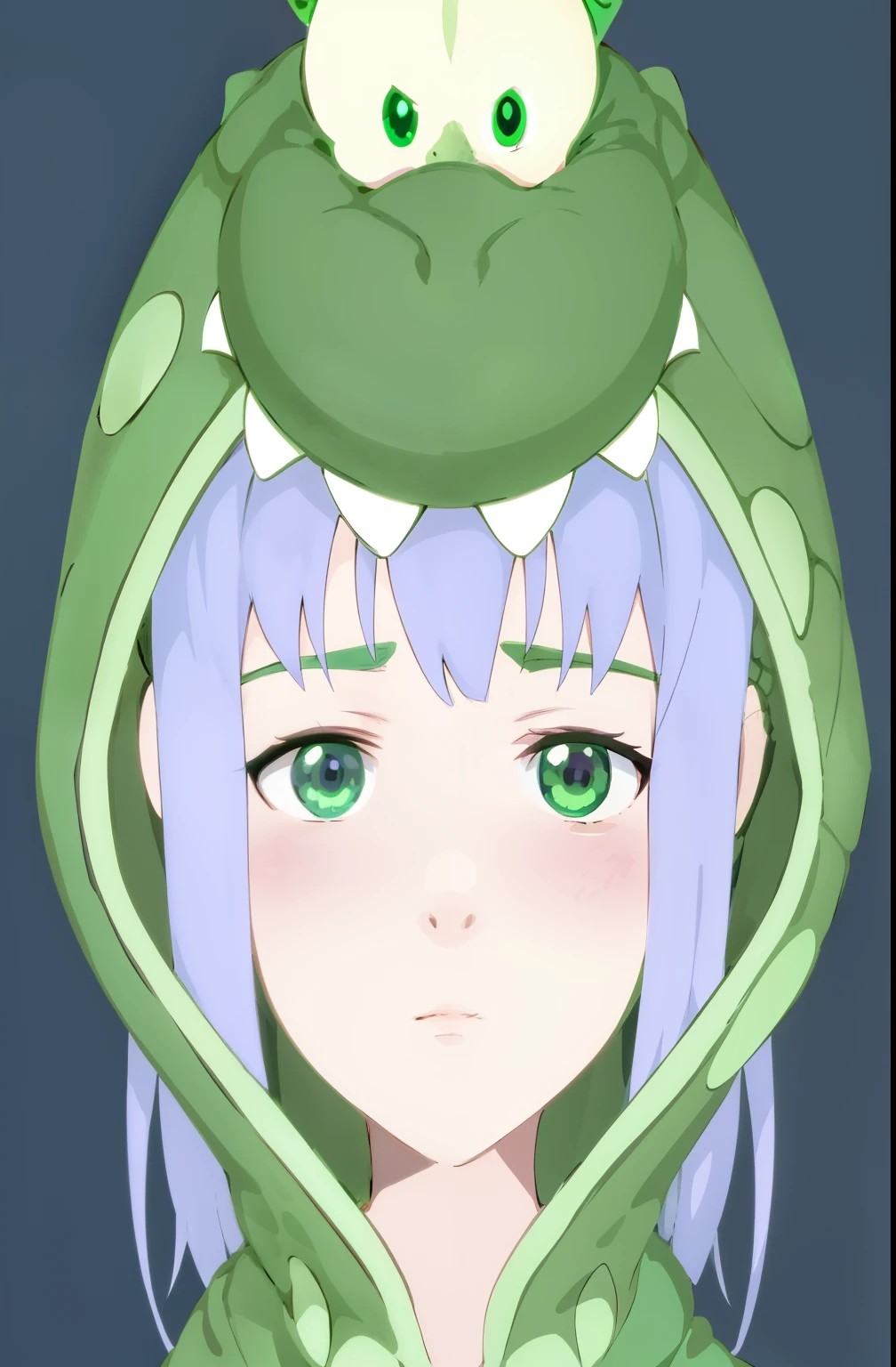 Wearing a green hoodie、Anime girl with a green dragon on her head, No profile picture, reptile face, anime monster girl, lizardfolk, Anime cute art style, Portrait of the Dragon Woman, Flat anime style, Flat anime style shading, Hilabi, Not PFP, stylized anime, and a cute toad, Produced by Anime Painter Studio, anime stylization