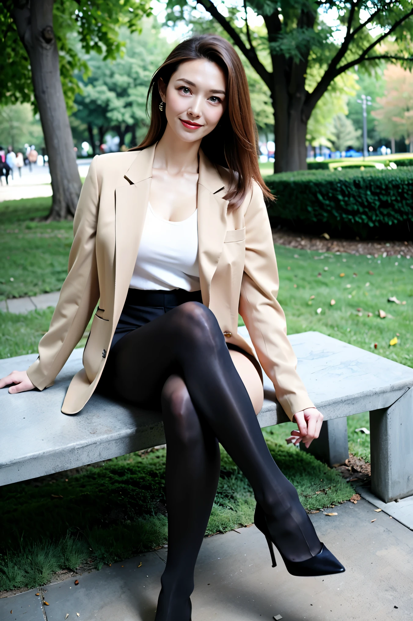 masterpiece, best quality, 1 girl, beautiful, beautiful, Beautifully, extremely complex, detailed, brown hair, jacket, blue eyes, ((masterpiece)), Very detailed, best quality, high resolution, ((in the park)), bridget, Smile,  skin tone，Black red soled high heels，