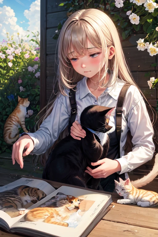 {{Masterpiece}}, {{Top Quality}}, {Highly Detailed}, {Illustrations}}, {{{A beautiful girl is sad when her cat dies, but the dead cat is watching from the sky}}}, {Dancing white petals}, {Wind} {{When a cat dies, it takes its owner's misfortune to heaven. The bite marks left by a dead cat are A landmark to help you meet the owner again, The cat gets well just before it dies, Comes only once to thank the owner}}