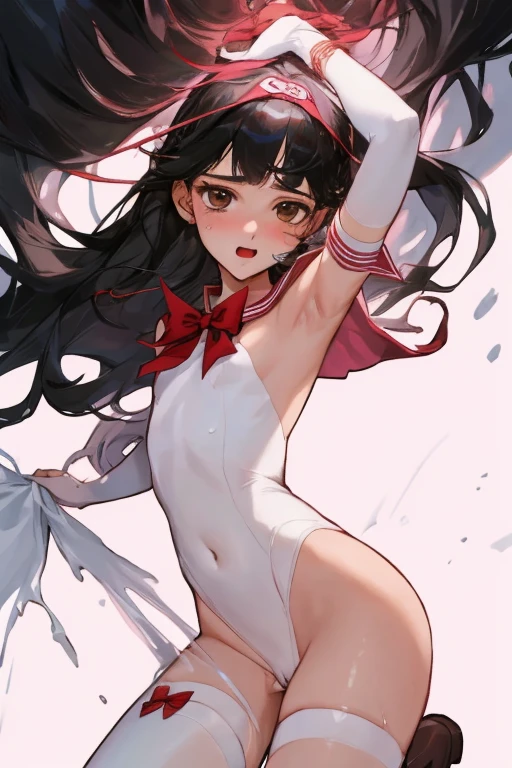 {{{{amazing quality, great quality, high quality, very aesthetic, aesthetic, best quality}}}},
realistic, photo, shadow, Three-dimensional, absurdres, Digital art,
{{{{Magical girl}}}}, beautiful girl, one girl,
black hair, long straight hair, hair, trimmed hair, shiny hair, blunt bangs, short sideburns,
brown eyes, tareme,
{{{flat chest}}}, {{small breasts}}, {{{detailed body}}}, slim thighs, thin thighs,
{{white leotard}, {leotard peek}}, {{pink sailor collar}}, {{pink elbow_gloves}}, {{red boots}},
ribbon trim, red bow tie, heart brooch, thigh strap, white headband, white circlet,
both shoulders expose, covered navel, groin, vagina, Peeing,
{{magic circle}},
disheveled hair, troubled face,orgasm, sexual pleasure, shy, trembling, {{torn clothes}}, {{wet clothes}}, {{melted clothes}}, {{damaged clothes}}, attacking multiple perverts, defeat, inferiority, restrain the arms, restraining legs, bind, take off one's clothes, Completely nude, half-naked, bound to the cross, {{{tickle}}}, tickle the armpits, tickle the side, I'm tickled and laugh, made to raise both hands, tickle with a brush,