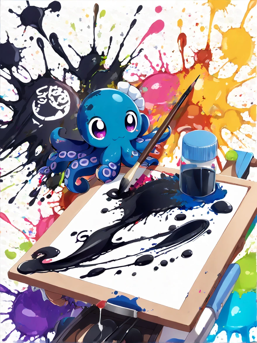 Whimsical vibe，an underwater world，((1 cute octopus holding a paintbrush and drawing pictures on the drawing board:1.5))，((ink pigment，Strong splash of colored ink:1.6))，(在画布和章鱼身上有更多的ink splatter effect:1.6)，(Character covered in ink liquid splatter:1.6), (ink splatter effect:1.4)，(Splash paint:1.4), (Rainbow paint splash:1.4)，(paint splatter background:1.4)，The octopus should look happy doing its art，Surrounded by a vibrant aquatic environment filled with coral and marine life，(vector illustration:1.2)