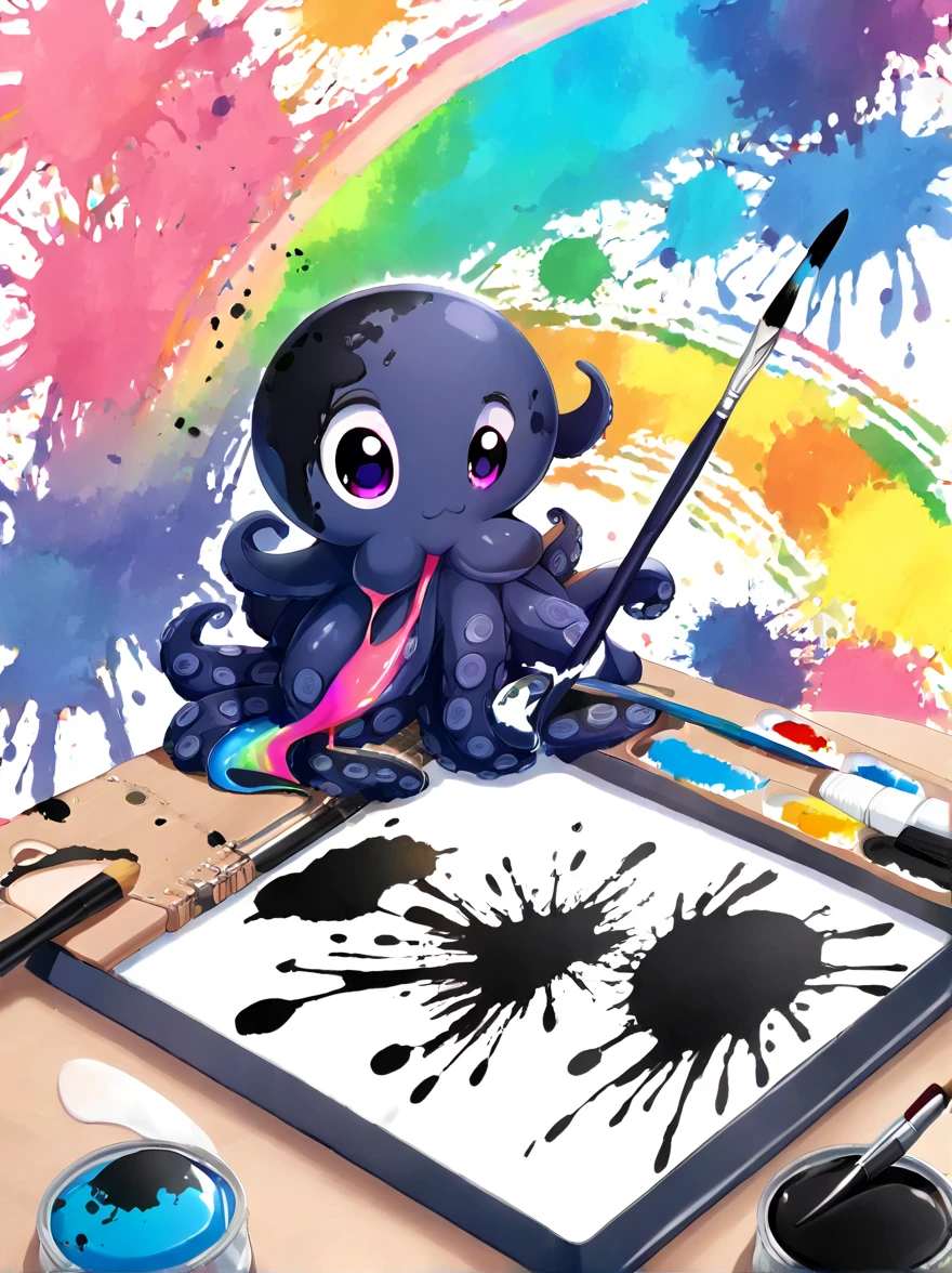 Whimsical vibe，an underwater world，((1 cute octopus holding a paintbrush and drawing pictures on the drawing board:1.5))，((ink pigment，Strong splash of colored ink:1.6))，(在画布和章鱼身上有更多的ink splatter effect:1.6)，(Character covered in ink liquid splatter:1.6), (ink splatter effect:1.4)，(Splash paint:1.4), (Rainbow paint splash:1.4)，(paint splatter background:1.4)，The octopus should look happy doing its art，Surrounded by a vibrant aquatic environment filled with coral and marine life，(vector illustration:1.2)