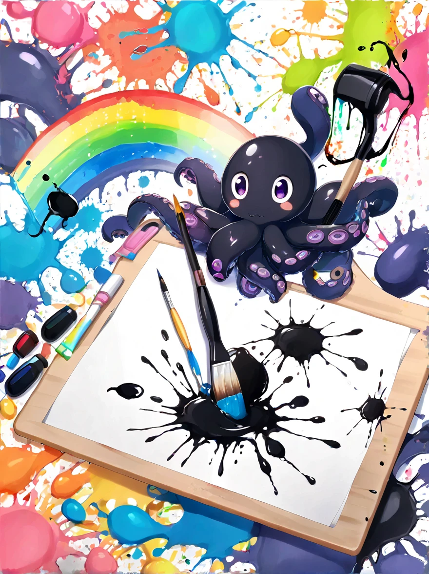 Whimsical vibe，an underwater world，((1 cute octopus holding a paintbrush and drawing pictures on the drawing board:1.5))，((ink pigment，Strong splash of colored ink:1.6))，(在画布和章鱼身上有更多的ink splatter effect:1.6)，(Character covered in ink liquid splatter:1.6), (ink splatter effect:1.4)，(Splash paint:1.4), (Rainbow paint splash:1.4)，(paint splatter background:1.4)，The octopus should look happy doing its art，Surrounded by a vibrant aquatic environment filled with coral and marine life，(vector illustration:1.2)