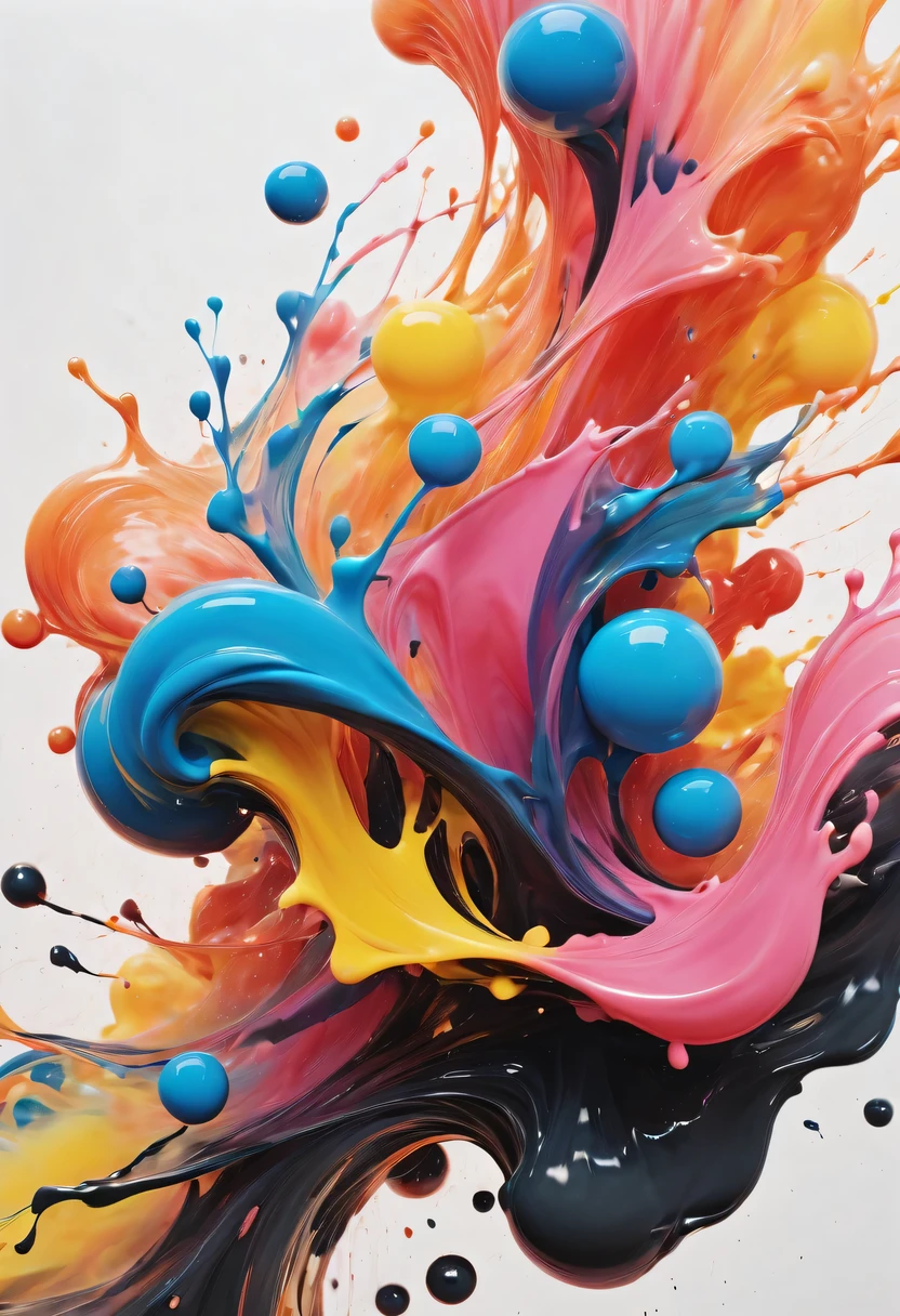 scribble art，ink splatter，Wild，splash ink painting，Abstraction，rich and colorful，Vague dreams，Dynamic energy,publish creation，visual impact,modern aesthetic,Elegant and simple,Contemporary interpretation,be bold,black background，Colored marbles fall into ink，The moment when ink is splattered，Stir up huge rich and colorful waves，Gorgeous