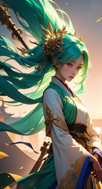 highly detailed artwork, Tall character, Drawing style with alcohol ink, Stand out with gold highlights... The subject is a Chinese female warrior with long-standing skills., flowing pastel green hair, looking at camera, Bright skin, and wore a beautiful pastel green hanfu... She held a golden long sword in her hand.., Gracefully falling from the sky with clothes and hair blowing in the wind.., Create a mesmerizing scene. The composition consists of the play of light and shadow.., With the Forbidden City in the background.., And the camera angle will be higher when the character descends..."