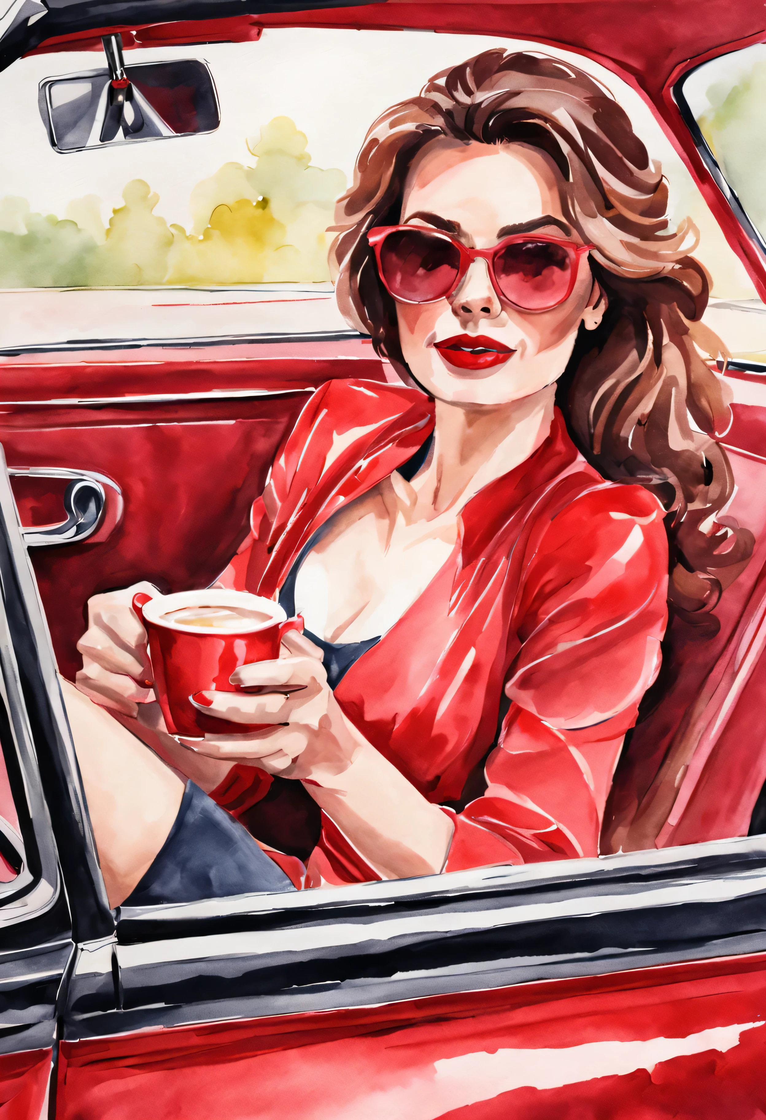 belle femme, drinks a cup of coffee, dans une voiture cabriolet rouge, style dessin aquarelle