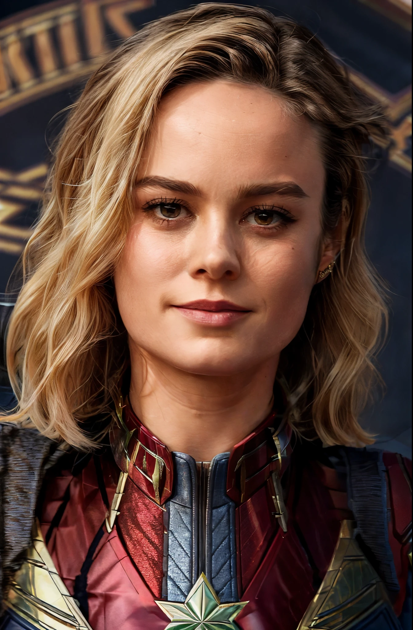 brie larson, medium hair, full body portrait, wearing captain marvel outfit, sexy, cleavage, breasts showing