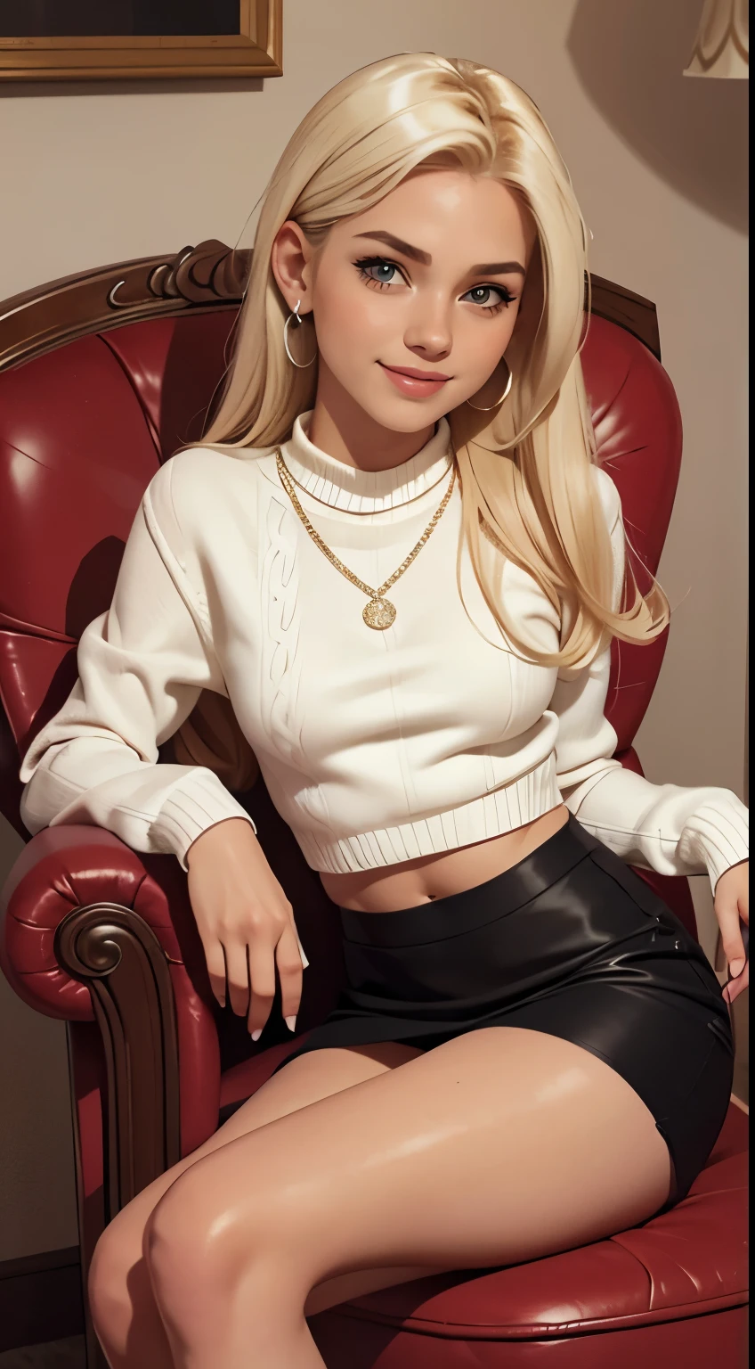 Foto hiperrealista en primer plano de 20 years old Maria Bellowear wear white jewel sweater and black mini cotton skirt, siting on the armchair, beautiful legs, sexy pose, hotel hall, beautiful woman, skinny, small breasts, straight blond hair, detailed face, smile,