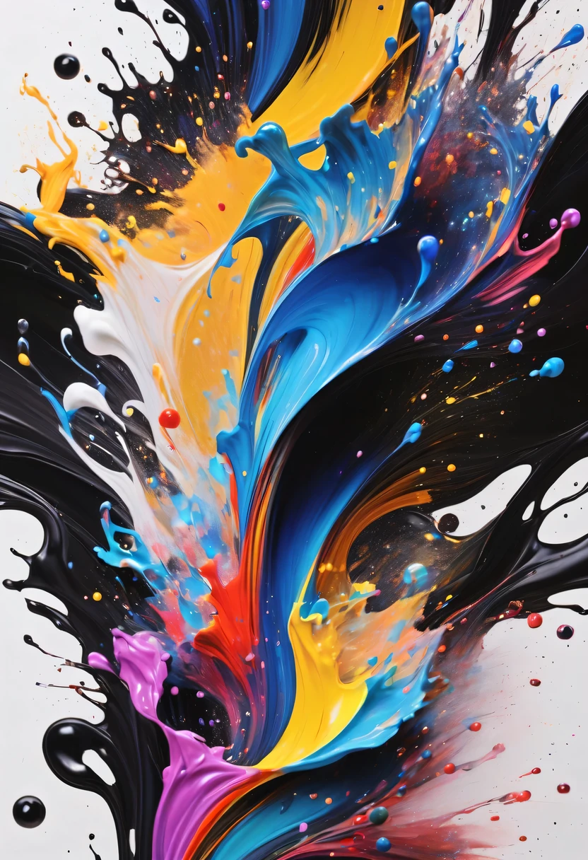 scribble art，ink splatter，Wild，splash ink painting，Abstraction，rich and colorful，Vague dreams，Dynamic energy,publish creation，visual impact,modern aesthetic,Elegant and simple,Contemporary interpretation,be bold,black background，Colored marbles fall into ink，The moment when ink is splattered，Stir up huge rich and colorful waves，Gorgeous