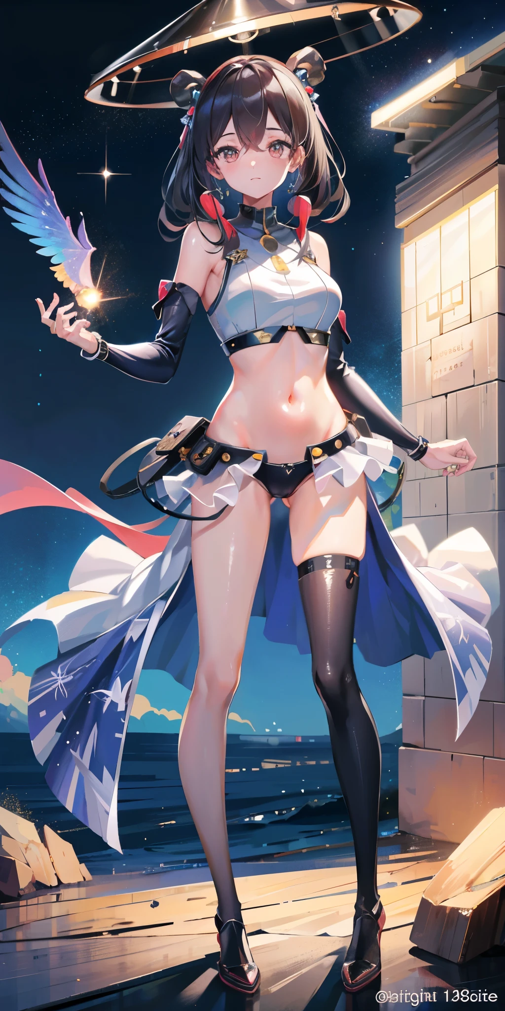 (masterpiece, best quality: 1.3), (16k, high resolution: 1.3), Beautiful girl, Mechanical body, clear skin, Light, 有Light发Light, Very cute and beautiful female idol, open navel,Bare thighs,Full body female love, staring at the audience, 目Light坚定而凝重,