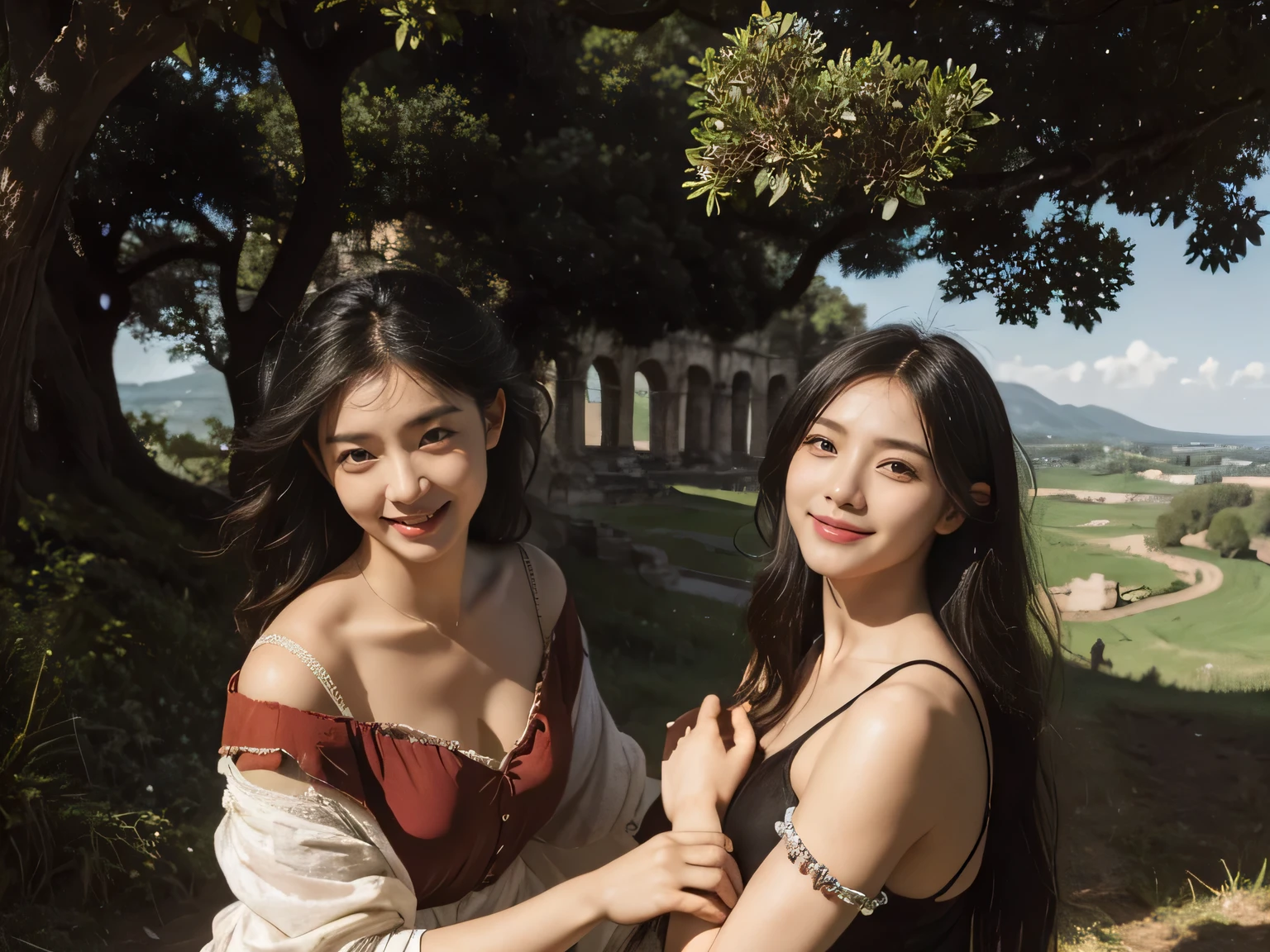Ancient Roman ruins,Poussin-style landscape,A smile,,Sweet and seductive appearance.、Caravaggio's paintings、Chiaroscuro of Caravaggio、Hair disheveled in the wind,Two women frolicking,Cute smile, Expression of ecstasy,A sexy,Erotic 