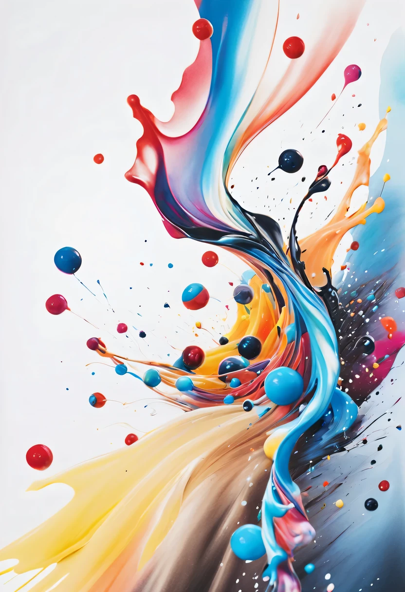 scribble art，ink splatter，Wild，splash ink painting，Abstraction，rich and colorful，Vague dreams，Dynamic energy,publish creation，visual impact,modern aesthetic,Elegant and simple,Contemporary interpretation,be bold,black background，Colored marbles fall into ink，The moment when ink is splattered，Stir up huge rich and colorful waves，Gorgeous
