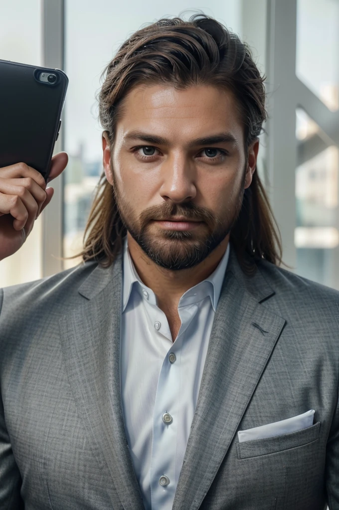 a handsome man in a suit, beard, beautiful hair, executive, business setting, (best quality, 4k, highres, masterpiece:1.2), ultra-detailed, (realistic, photorealistic:1.37), sharp focus, professional, vibrant colors, portraits, studio lighting, luxurious atmosphere, confident pose, successful businessman, modern office, natural sunlight, clean and neat workspace