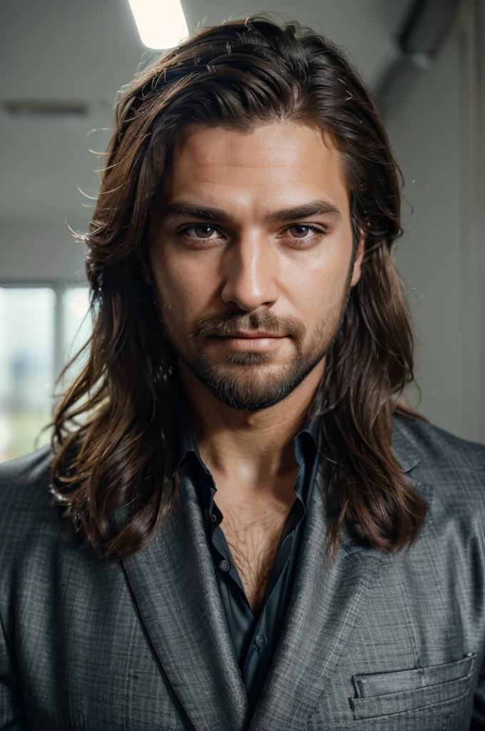 a handsome man in a suit, beard, beautiful hair, executive, business setting, (best quality, 4k, highres, masterpiece:1.2), ultra-detailed, (realistic, photorealistic:1.37), sharp focus, professional, vibrant colors, portraits, studio lighting, luxurious atmosphere, confident pose, successful businessman, modern office, natural sunlight, clean and neat workspace