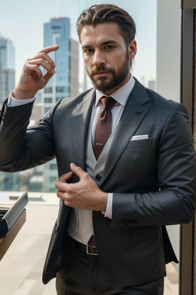 a handsome man in a suit, beard, beautiful hair, executive, business setting, (best quality, 4k, highres, masterpiece:1.2), ultra-detailed, (realistic, photorealistic:1.37), sharp focus, professional, vibrant colors, portraits, studio lighting, luxurious atmosphere, confident pose, successful businessman, modern office, natural sunlight, clean and neat workspace