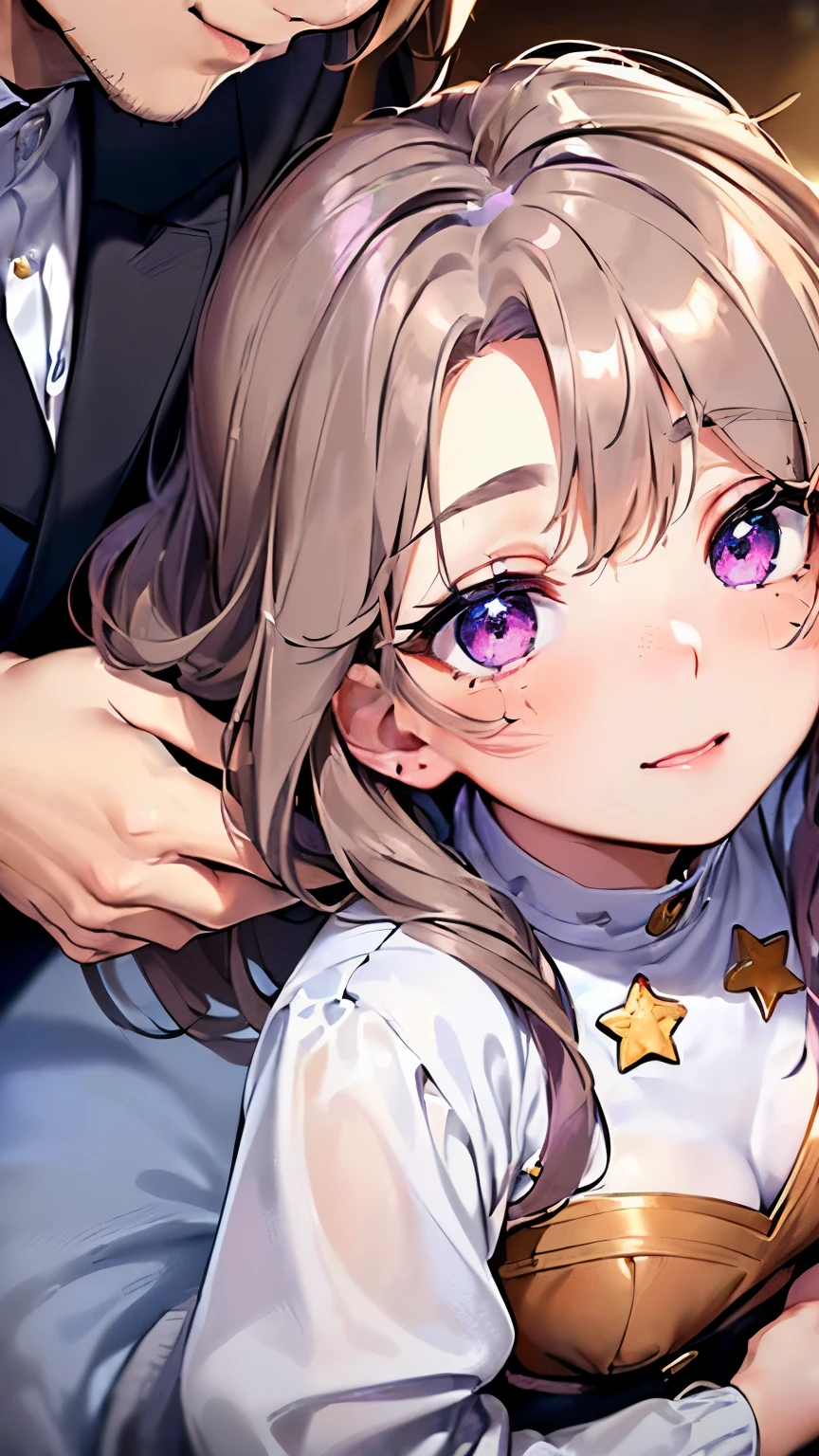 ((light brown hair:1.2)),(Side tail:1.3),(iridescent eyes:1.4),(Eye size:1.5),(Star-shaped accessories:1.3),((boyish fashion:1.4)),(blush),(upward glance:1.3),((small breasts:1.25)),(focus on face:1.3),((look up:1.6)),(fashion color White、darkBlue、purple、red:1.3),(smile:1.2),((close up of face:1.5)),((Being hugged by a man:1.5)),((hotel bed:1.2))