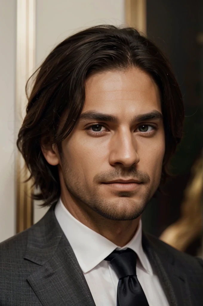 A handsome man in a suit, with a beard and beautiful hair, portrays an executive. The business setting is elegant and professional. The man's eyes are captivating, showcasing intelligence and determination. His facial features are finely detailed, with defined cheekbones and a strong jawline. The lighting highlights his sharp features and adds a touch of sophistication to the scene. The colors are vibrant and vivid, emphasizing the high-quality and realism of the image. The overall composition is balanced and visually appealing, capturing the essence of a successful businessman. The prompt showcases the best quality, with ultra-detailed features and a photorealistic rendering. The medium used in the artwork is oil painting, lending a classic and timeless quality to the image.