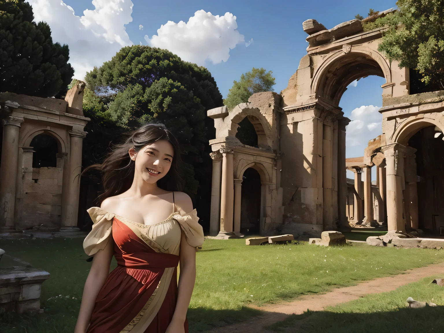 Ancient Roman ruins,Poussin-style landscape,A smile,,Sweet and seductive appearance.、Caravaggio's paintings、Chiaroscuro of Caravaggio、Hair disheveled in the wind,Two women frolicking,Cute smile, Expression of ecstasy,A sexy,Erotic 