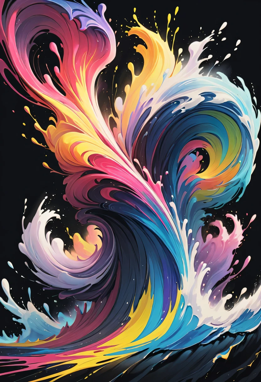scribble art，ink splatter，Wild，splash ink painting，Abstraction，rich and colorful，Vague dreams，Dynamic energy,publish creation，visual impact,modern aesthetic,Elegant and simple,Contemporary interpretation,be bold,black background，Colored marbles fall into ink，The moment when ink is splattered，Stir up huge rich and colorful waves，Gorgeous