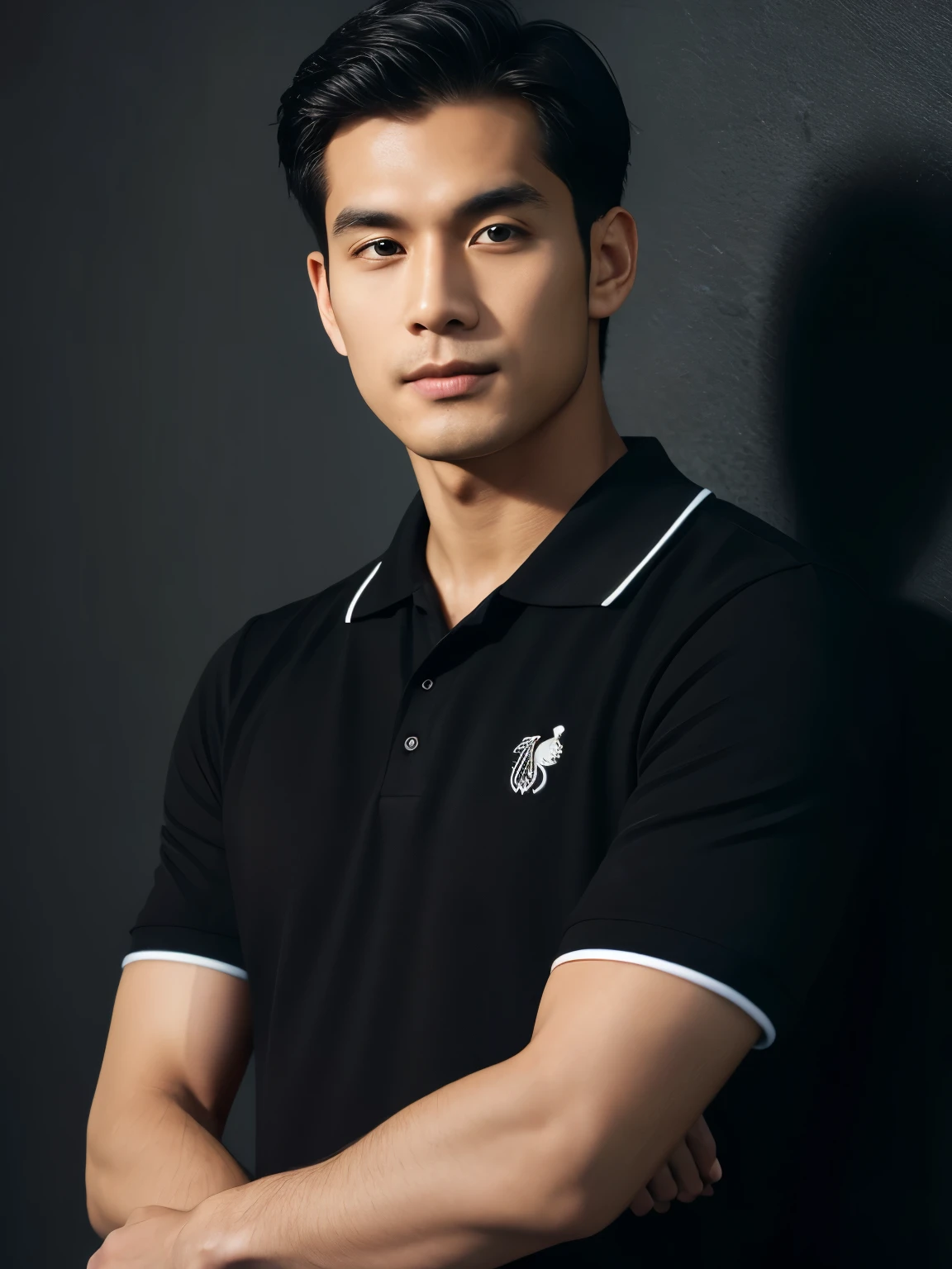 Make a picture of a good-looking Thai man with white skin, clean-shaven face, no beard, short hair, hair covering his forehead, 175 cm tall, wearing an orange polo shirt, black collar, black cuffs, black slacks, black sneakers with white trim, standing against the White wall facing left, eyes closed, background black dark with dim lights, 4K image quality.