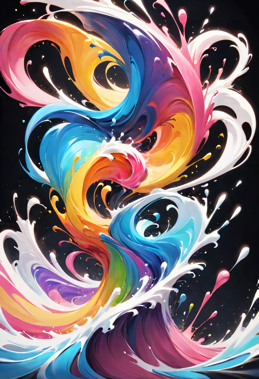 scribble art，ink splatter，Wild，splash ink painting，Abstraction，rich and colorful，Vague dreams，Dynamic energy,publish creation，visual impact,modern aesthetic,Elegant and simple,Contemporary interpretation,be bold,black background，Colored marbles fall into ink，The moment when ink is splattered，Stir up huge rich and colorful waves，Gorgeous
