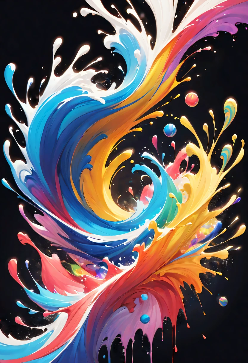 scribble art，ink splatter，Wild，splash ink painting，Abstraction，rich and colorful，Vague dreams，Dynamic energy,publish creation，visual impact,modern aesthetic,Elegant and simple,Contemporary interpretation,be bold,black background，Colored marbles fall into ink，The moment when ink is splattered，Stir up huge rich and colorful waves，Gorgeous