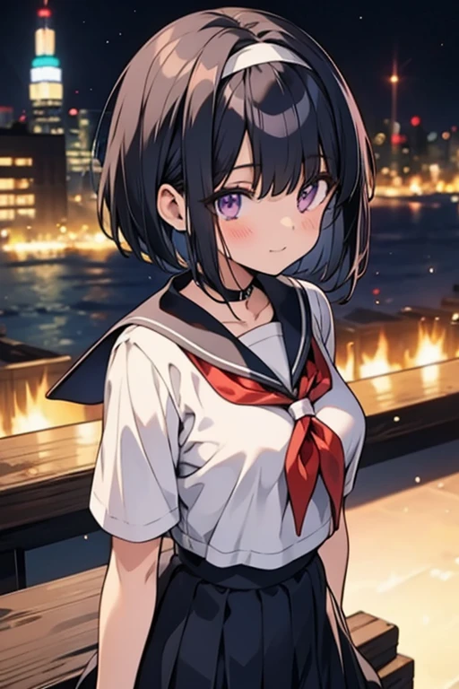 Anime girl with black hair and a sailor suit, navy blue sailor uniform, high school girl, anime style, 2D rendering of anime girl, realistic young anime girl, Smooth anime CG art, headband, smile, purple eyes, small breasts, tall, Straight hair, short bob cut,long skirt, slanted eyes, The background is the city, 
