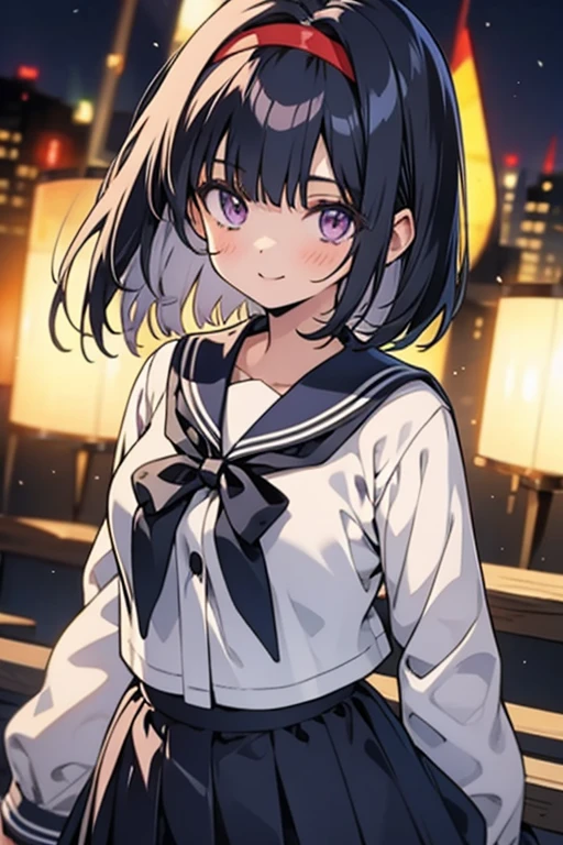 Anime girl with black hair and a sailor suit, navy blue sailor uniform, high school girl, anime style, 2D rendering of anime girl, realistic young anime girl, Smooth anime CG art, headband, smile, purple eyes, small breasts, tall, Straight hair, short bob cut,long skirt, slanted eyes, The background is the city,