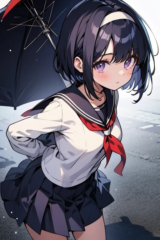 Anime girl with black hair and a sailor suit, navy blue sailor uniform, high school girl, anime style, 2D rendering of anime girl, realistic young anime girl, Smooth anime CG art, headband, smile, purple eyes, small breasts, tall, Straight hair, short bob cut,long skirt, slanted eyes, The background is the city, 