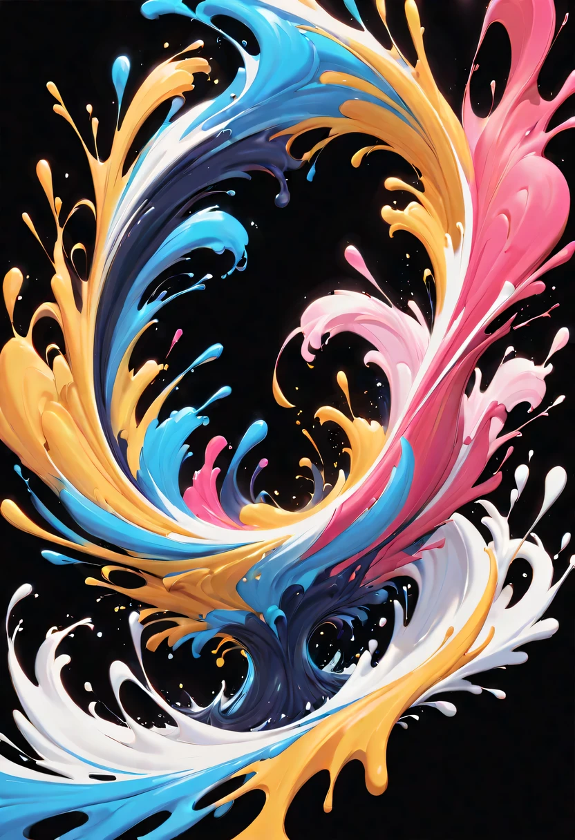 scribble art，ink splatter，Wild，splash ink painting，Abstraction，rich and colorful，Vague dreams，Dynamic energy,publish creation，visual impact,modern aesthetic,Elegant and simple,Contemporary interpretation,be bold,black background，Colored marbles fall into ink，The moment when ink is splattered，Stir up huge rich and colorful waves，Gorgeous