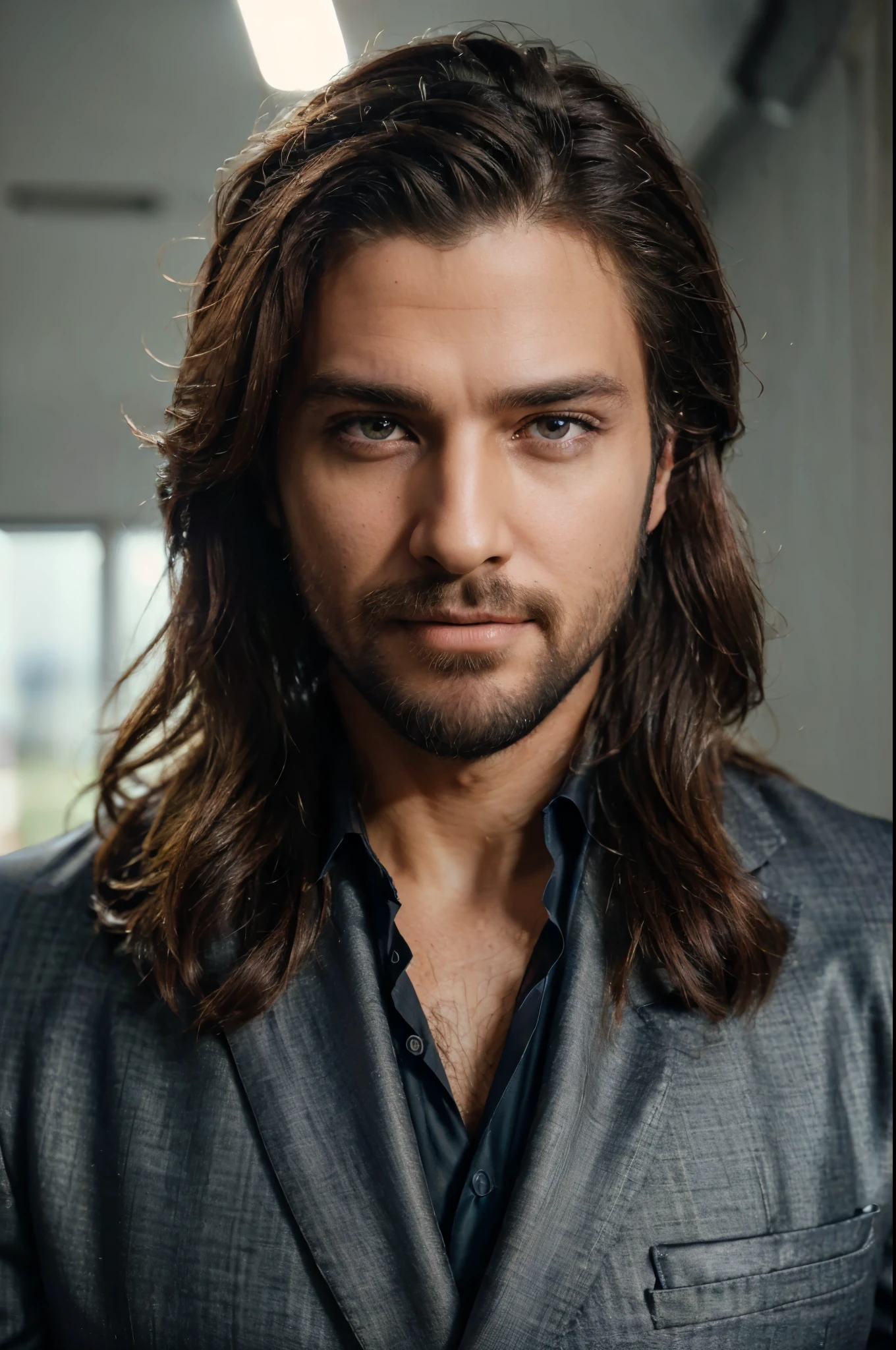 a handsome man in a suit, beard, beautiful hair, executive, business setting, (best quality, 4k, highres, masterpiece:1.2), ultra-detailed, (realistic, photorealistic:1.37), sharp focus, professional, vibrant colors, portraits, studio lighting, luxurious atmosphere, confident pose, successful businessman, modern office, natural sunlight, clean and neat workspace