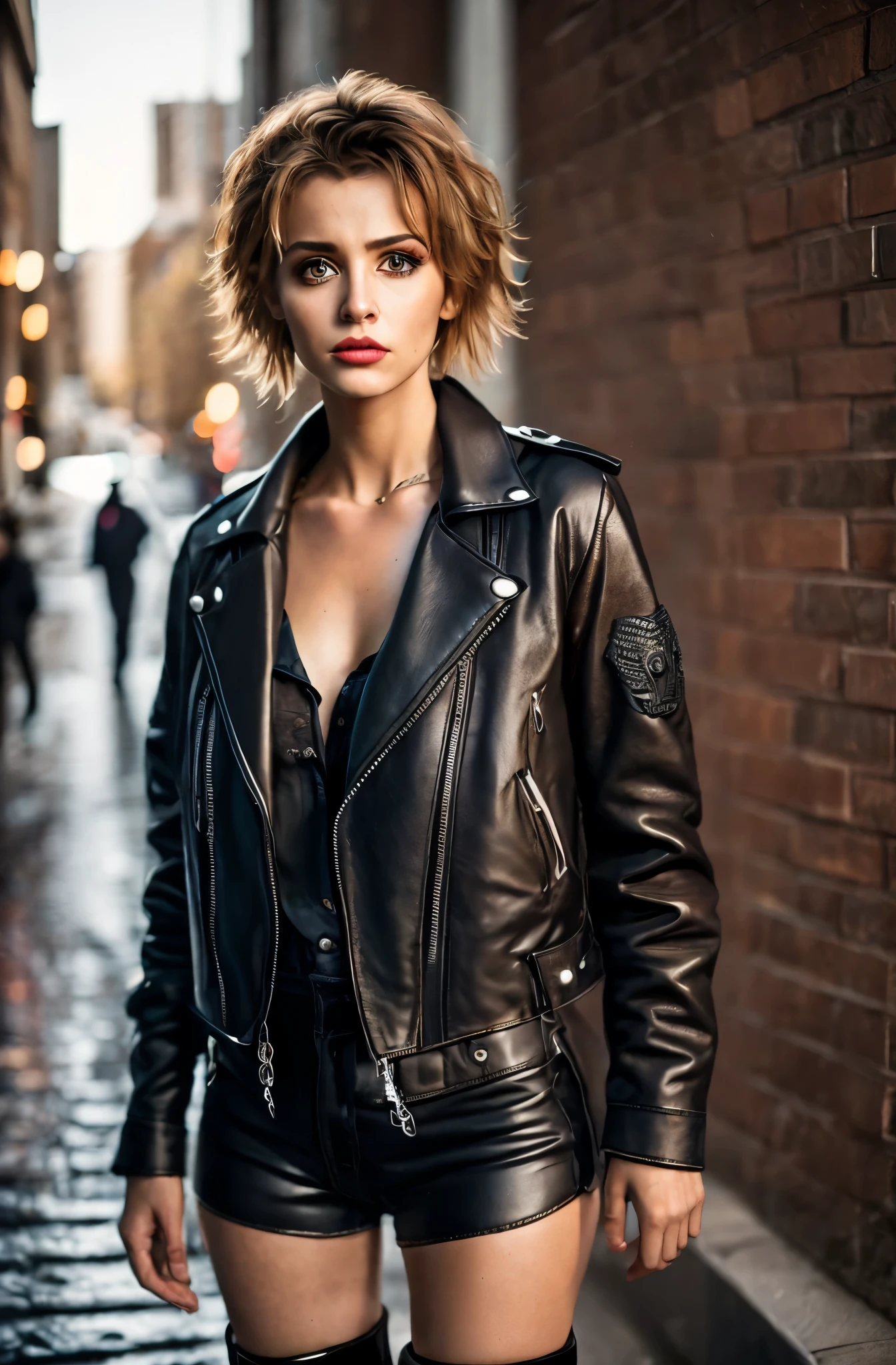 ((90's style)), ultra detailed photo of a beautiful woman with short messy hair, ultra detailed face, beautiful eyes with no makup, wearing leather jacket and high boots, cute sexy, standing in street, deep shadows, rim light, warm colors, vivid vintage colors