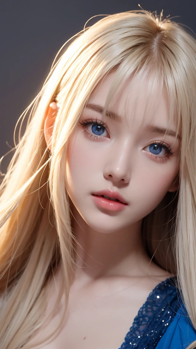 Looks brilliant、Optical Realism、Highest quality、Ultra high resolution、picture、Full-length standing photos of exquisitely beautiful Scandinavian girls.、An extraordinary beautiful girl, Lovely and beautiful face details、(Face the children_Version 1:0.008)、beautiful bangs、Alice in Wonderland、18 years old、White and bright skin、A run of hair that extends all the way to the face.、smooth between the eyes、Super long hair、Interesting light and dark platinum blonde, super long, straight, silky hair.、Thin hair、Charming, sparkling, beautiful, bright, clear blue eyes.、topless、eyeliner、Double eyelids、rich chest