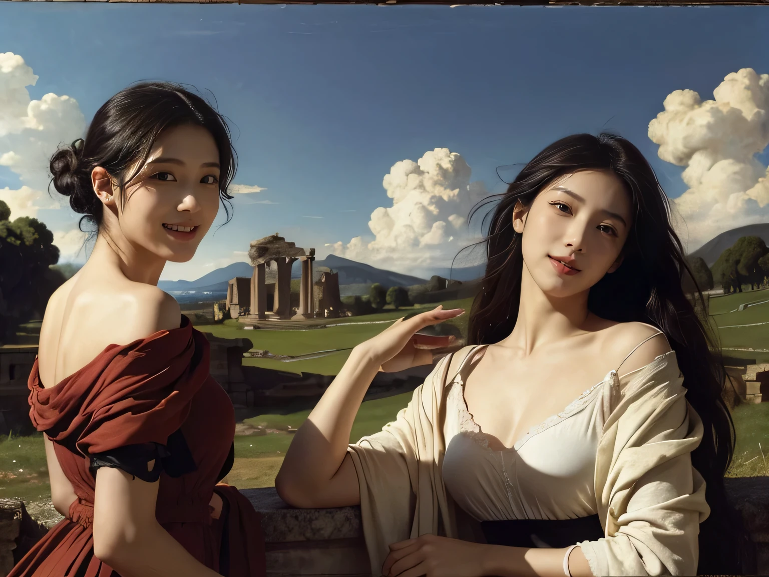 Ancient Roman ruins,Poussin-style landscape,A smile,,Sweet and seductive appearance.、Caravaggio's paintings、Chiaroscuro of Caravaggio、Hair disheveled in the wind,Two women frolicking,Cute smile, Expression of ecstasy,A sexy,Erotic 