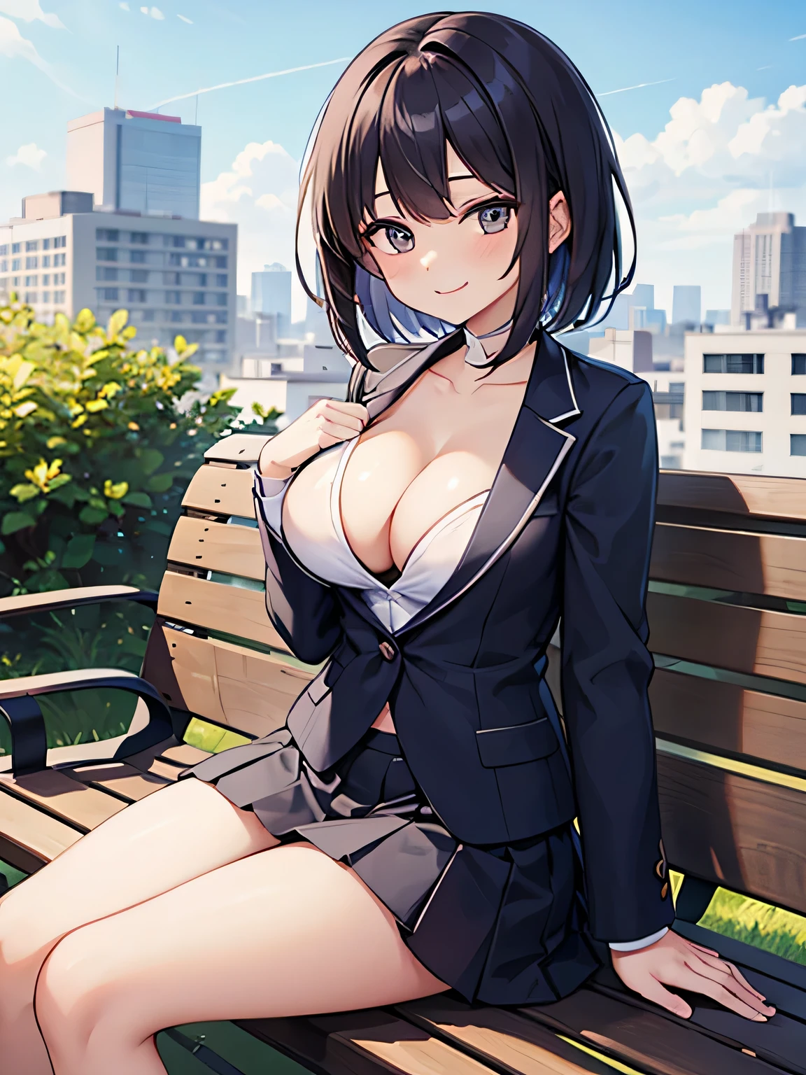 (1) A woman is sitting on a bench with a smile.
(2) women have short hair、She is wearing a white V-neck innerwear and a navy blue skirt suit.。.
(3) Cleavage in women is visible.
(4) The location is a bench on the roof of a building..
(5) Please look at her from the front and explain..