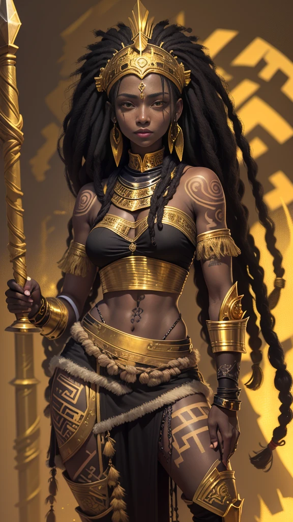 (((full body picture))), (((1 woman))), Top quality, Intricate details , (Fine skin, Shiny skin, Shiny hair, Pale complexion), A ebony woman, ((standing holding a spear)), (happyness look:1.4), (wearing black and golden battle outfit:1.8), (long dreadlock hairstyle:1.3), (reflective yellow eyes:1.3), (tribal tattoo:1.5), looking at the viewer