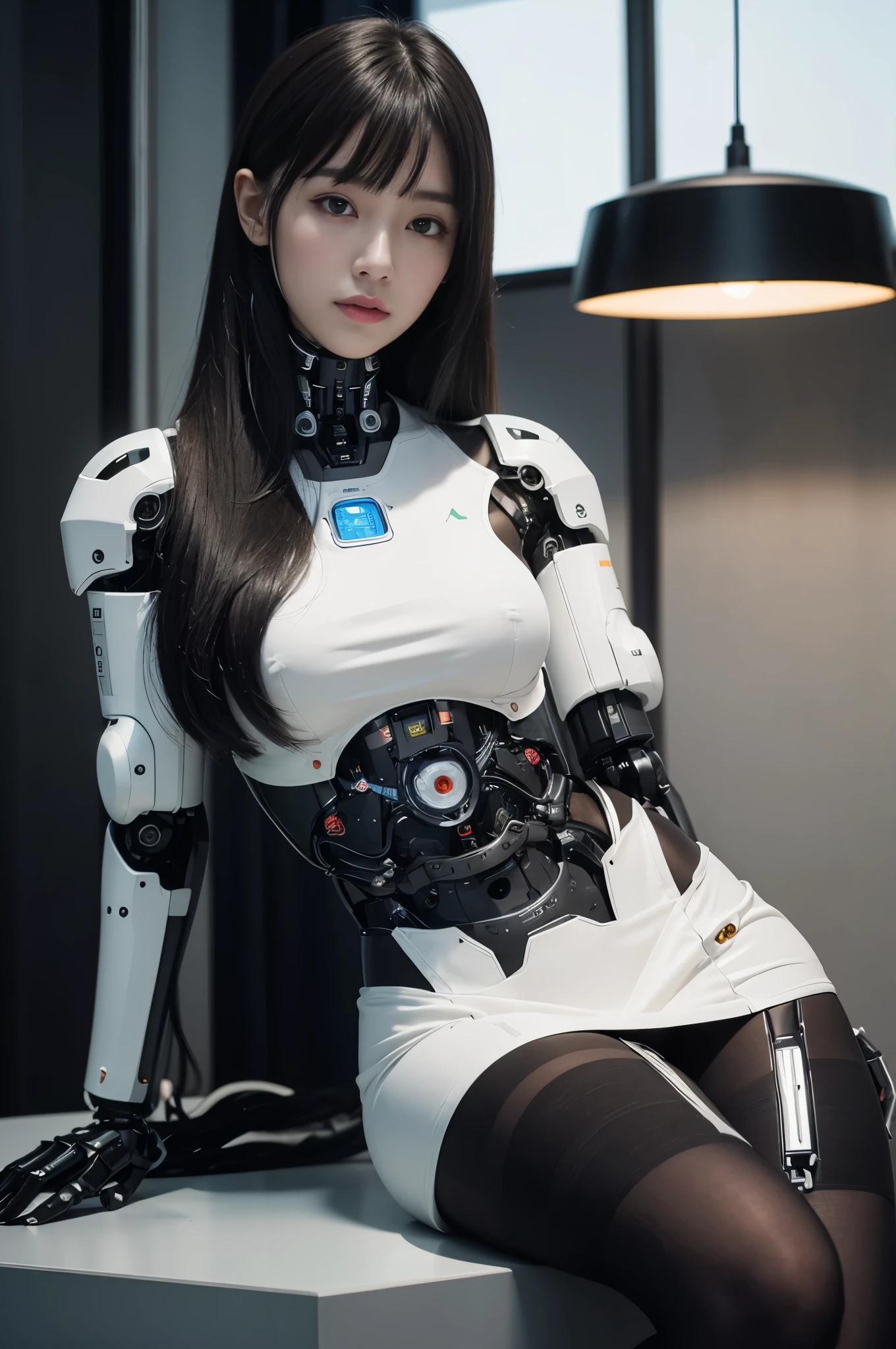 masterpiece, best quality, (photorealistic:1.4), (RAW photo)(8K, 4K, Best Quality, hight resolution, 超A high resolution:1.1), (masutepiece, Realistic, Photorealsitic:1.1), 1girl in, Japaese Cyborg Girl,Plump , announcer,control panels,android,Droid,Mechanical Hand, ,clothes with a sense of mechanical technology, Robot arms and legs, Black Robot Parts,Black hair,Mechanical body,Blunt bangs,White abdomen,White robotics parts,tube dress,perfect robot woman,perfect android woman, perfect mechanical woman,future laboratory,android factory,cyborg factory,robot factory,cyber pank,charging spot,long tube,thick cable connected her neck,bowing,maintainance her,repaired her,full eyes,dark black tights,a bit chubby