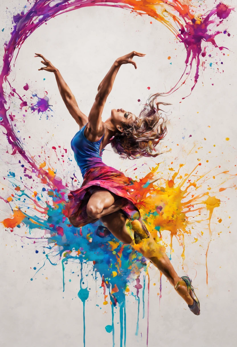 A vibrant, abstract ink splatter painting of a dancer in mid-air, surrounded by a swirl of musical notes. 8K, hyper detailed. graffiti art, splash art, street art, spray paint, oil gouache melting, acrylic, high contrast, colorful polychromatic, ultra detailed, ultra quality, CGSociety
