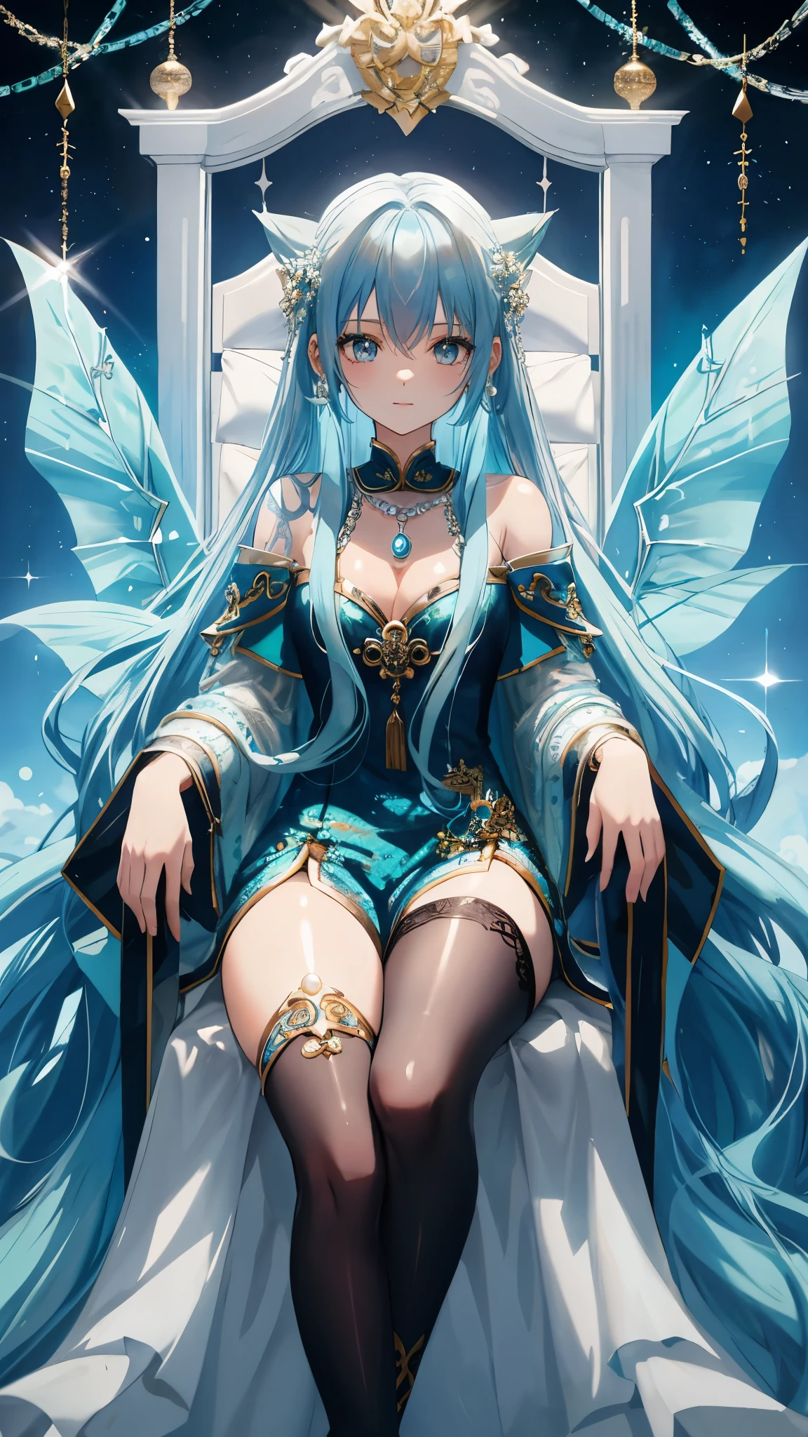 海long blue hair,close up,dream world,Mermaid Royal Sister, 海long blue hair,sitting on an royal throne,tear nevus,Mermaid ears,(pearl head chain,necklace),necklace,Long off-the-shoulder blue dress,humanoid, Poseidon temple background, her skin is white, fair complexion,green eyes,long blue hair, Two long black stocking legs,High heel,black legs,tattoo