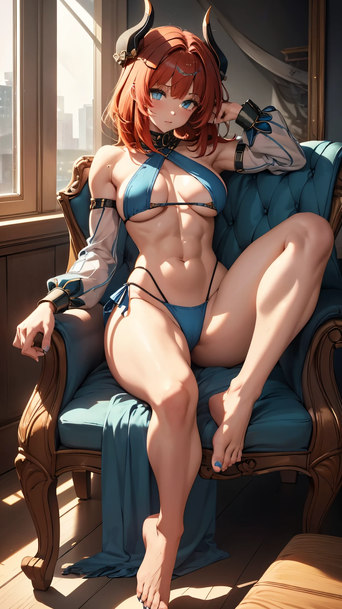 (1 girl), (Nilou from Genshin Impact), with a straight haircut, big and expressive eyes, (wearing a very short and sensual bikini), (wearing blue nail polish on her hands and blue nail polish with pink on her feet), ( ((skinny legs
and muscular))), blue eyes, (((nilou))), red hair, long, mesmerizing hair, medium breasts, (muscular belly), wide hips, slim waist, big ass, perfect feet with very well detailed toes, Perfect hands and fingers very well detailed, toenails a little square, (sitting on the chair with legs crossed), barefoot, full body photo, in the motel room, bad mood, reflection in the eye, dark eyes, Sulking, anime , anime style, Cinematic lighting, ray tracing, Panorama, Sony FE, high definition, artwork, anatomically correct, Textured skin, super detail, high quality, high resolution, high definition, 16k Consume