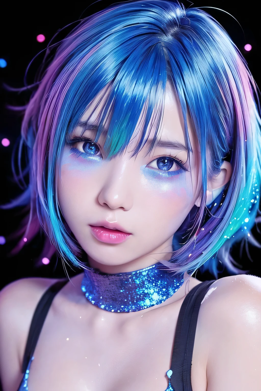 (upper body close-up), portrait, portrait, (alone), masterpiece, highest quality, High contrast in clothes, psychedelic, , particle, bloom, neon lighting, (shine),(blue hair: 1.5), 、 flat color, Blue splash、colors mashing、With a round face、slim、flat body、cute、Sensual Pose、、((Angel wings grow))、(glow in the dark ,Paint splashing,neon light、style bright blue neon color), 、Fashion clothes、(((glitter skin:1.2)))