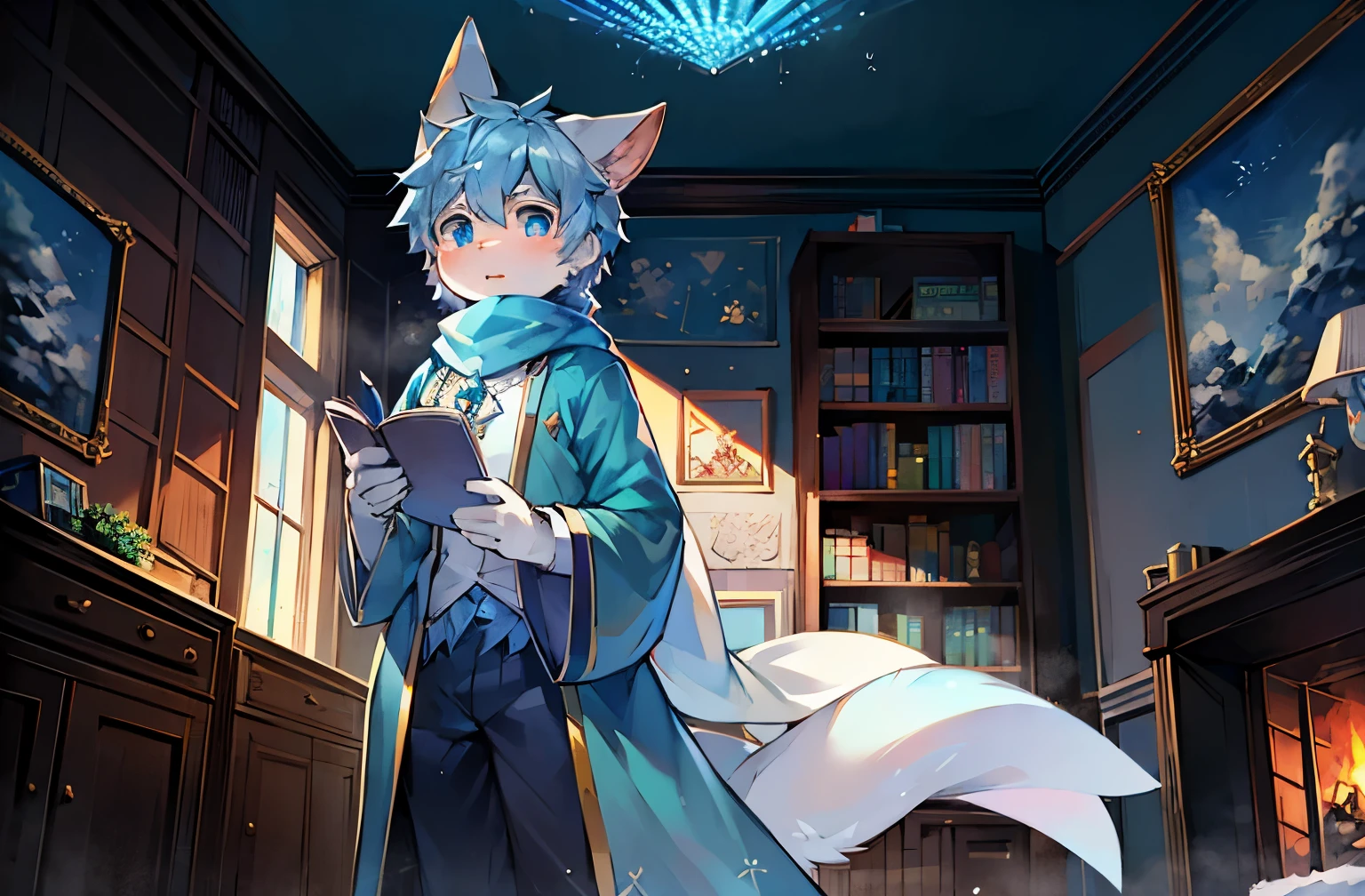 一只the white rabbit，Shota，blue robe，snow，clear blue sky，long bunny ears，Crystal pupils，Long blue scarf，Gorgeous background，gorgeous robe，胸前挂着medal，medal，look out the window，Sunlight，Gift box，cool color，The map hangs on the wall，bookcase，Holding a letter in his hand，Shota，cute boy，the white rabbit，Reading a letter，Sky blue walls，Sky blue wallpaper