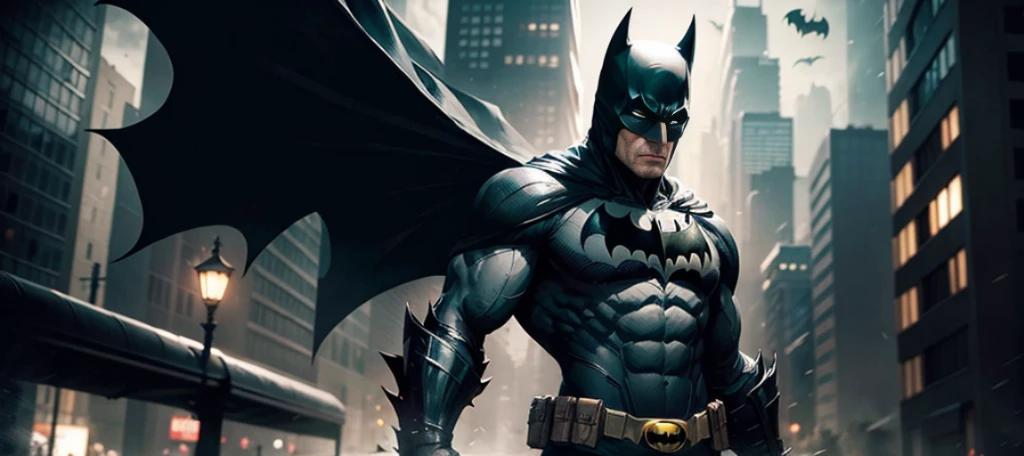 Generate an image of Batman standing confidently next to the Tumbler. Batman should be in his classic black Batsuit, which includes a sculpted chest emblem, a utility belt, gauntlets, and boots. His cape should be flowing behind him, creating a dramatic effect. The Tumbler should be in its sleek and heavily armored form, with visible details like the jet engine, rugged tires, and the iconic Bat symbol on the front. Place them in a dark and gritty urban environment resembling Gotham City, with tall buildings, dimly lit street lamps, and hints of rain. The atmosphere should exude a sense of mystery and danger. Batman's facial expression should portray determination and focus, with his eyes hidden behind the cowl. Ensure that the lighting highlights the contours of Batman's suit and the Tumbler, enhancing their iconic features. The overall composition should capture the essence of Batman's unwavering commitment to protecting Gotham City from crime.