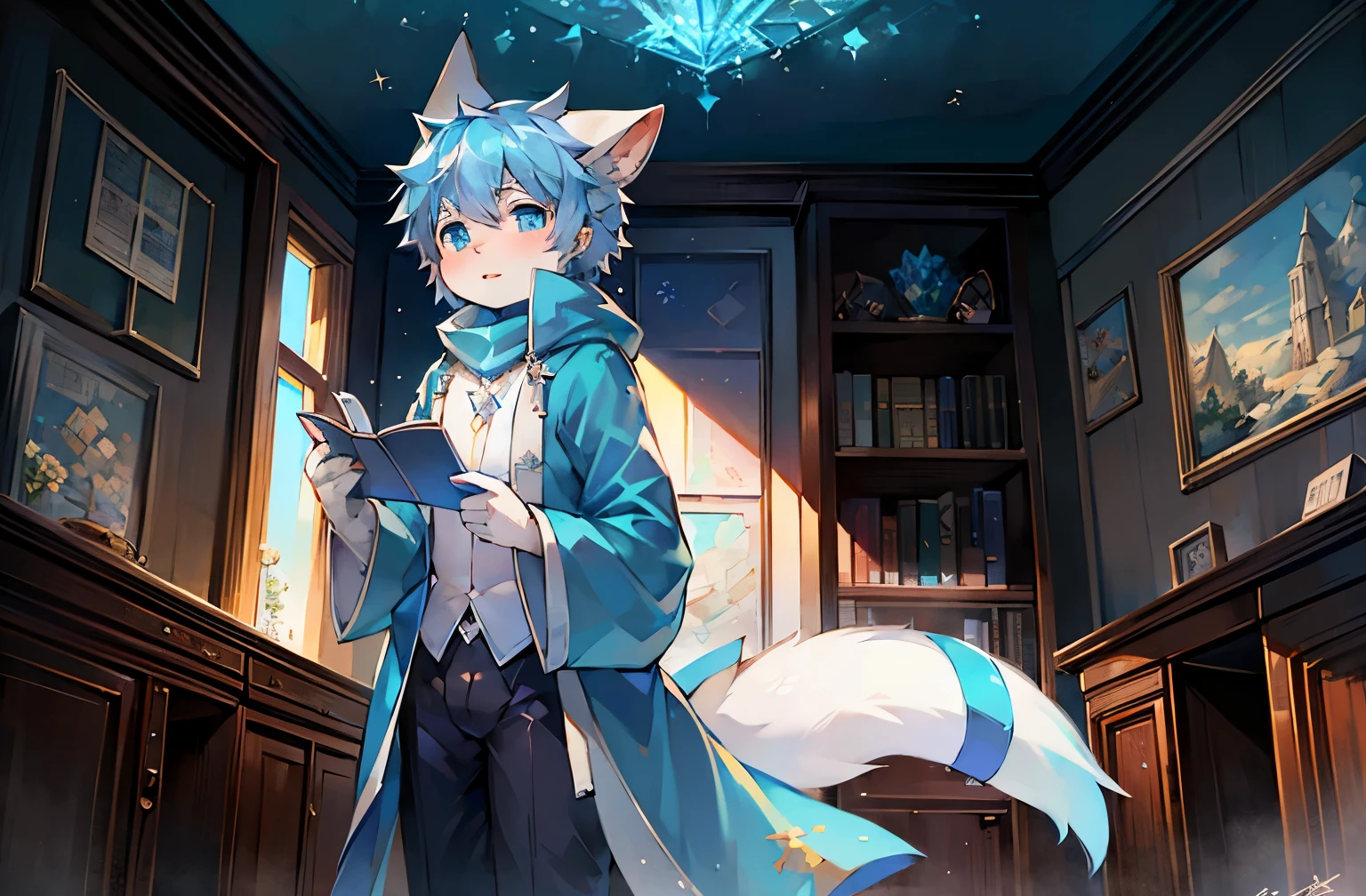 一只the white rabbit,Shota,blue robe,snow,clear blue sky,long bunny ears,Crystal pupils,Long blue scarf,Gorgeous background,gorgeous robe,胸前挂着medal,medal,look out the window,Sunlight,Gift box,cool color,The map hangs on the wall,bookcase,Holding a letter in his hand,Shota,cute boy,the white rabbit,Reading a letter,Sky blue walls,Sky blue wallpaper